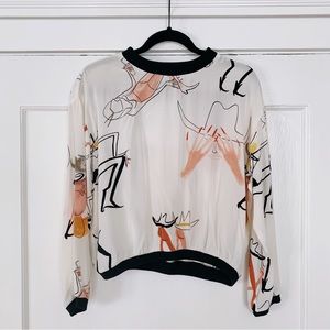Rachel Comey x Masha Reva Cowgirl Modern Art Graphic Silk Long Sleeve Top - 4 S